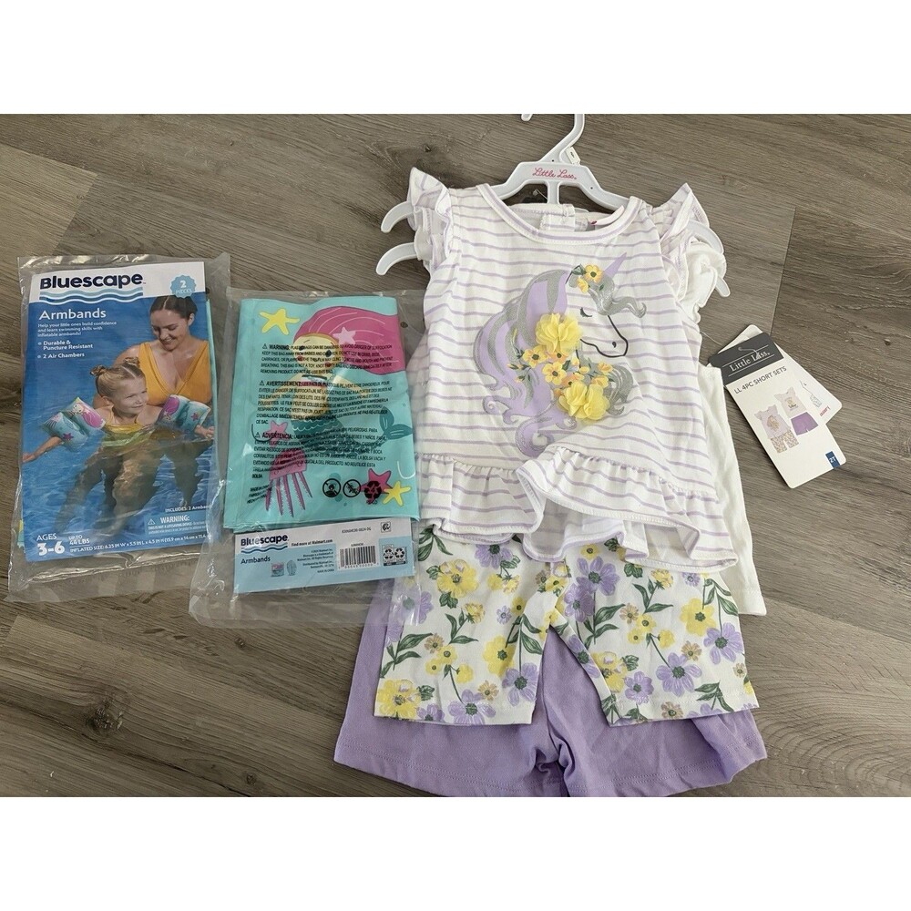 NWT Little Lass Girls 2T 4-Piece Shorts Outfit Set Floral Unicorn W Gift